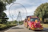 Un train rose avec un visage souriant, une grande roue et un parc avec des arbres et des arbustes.