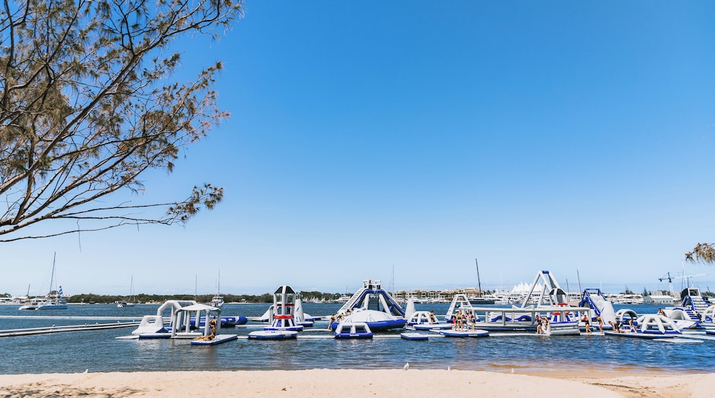 A marina with various boats docked, a sandy beach, and a clear blue sky.