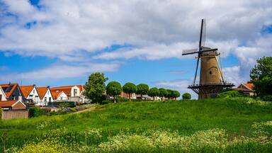 A windmill, houses, and a grassy hill.