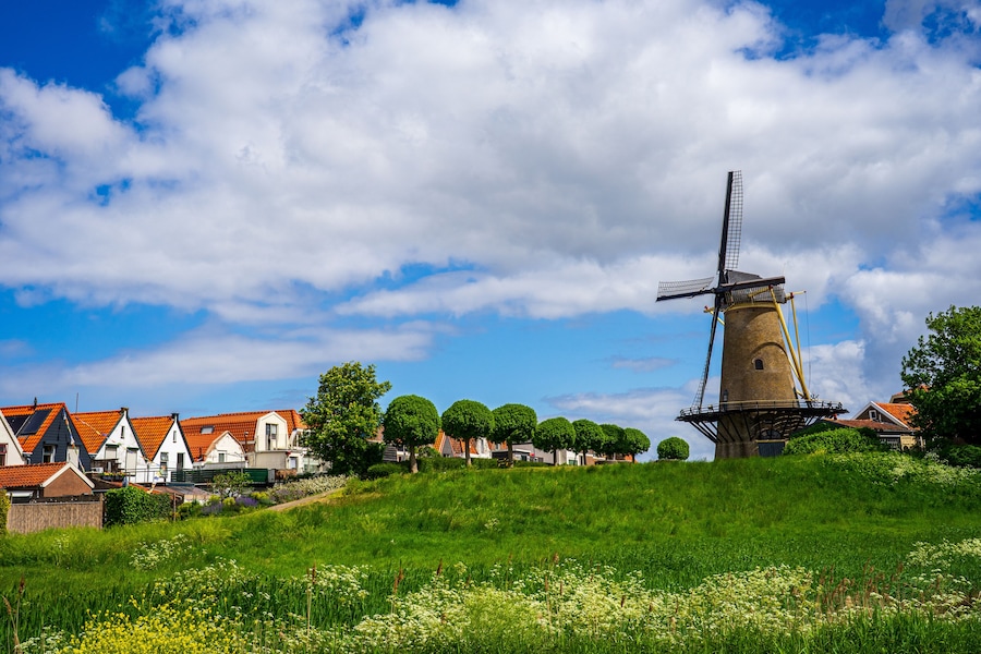 A windmill, houses, and a grassy hill.
