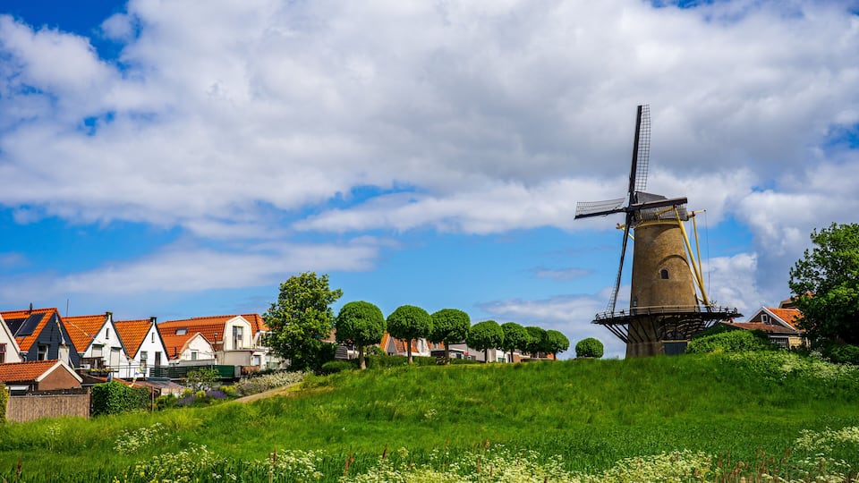 A windmill, houses, and a grassy hill.