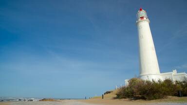 Um farol alto e branco com a parte superior vermelha, localizado numa praia arenosa com afloramentos rochosos e vegetação rasteira.