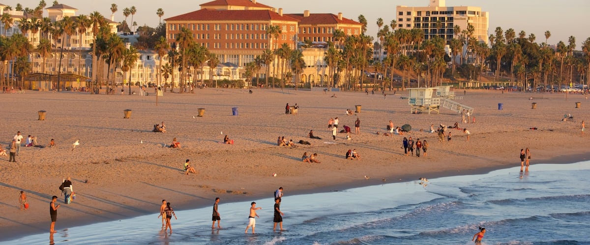 Santa Monica Beach showing a sunset, general coastal views and a beach