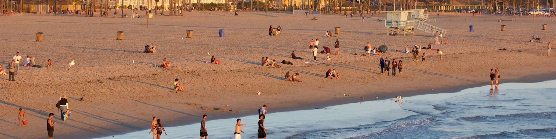 Santa Monica Beach showing a sunset, general coastal views and a beach