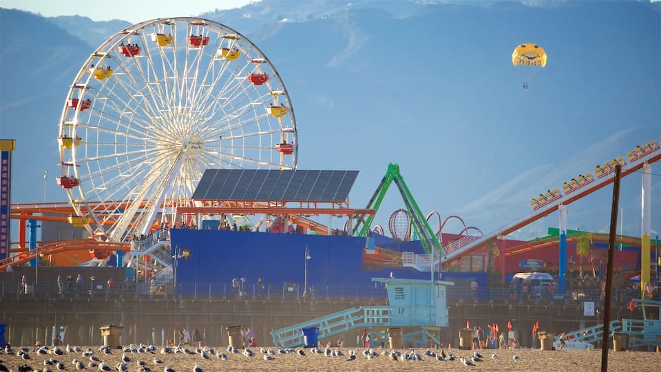 A large Ferris wheel, a roller coaster, and a kite in the sky at a theme park.