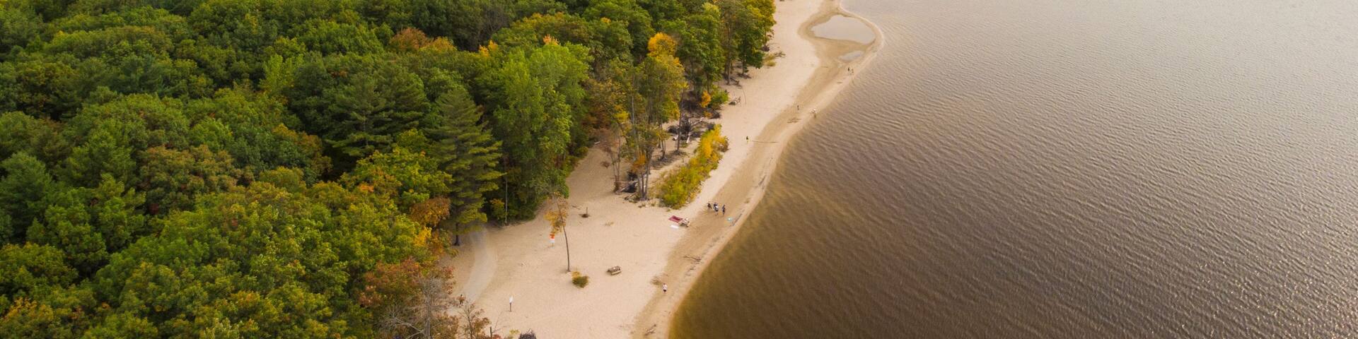 Aerial view of the beach in Oka national park, Canada