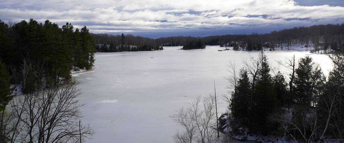 A frozen lake surrounded by trees and a cloudy sky.