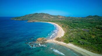 Un paisaje costero con una playa arenosa, aguas azules cristalinas y colinas verdes al fondo.