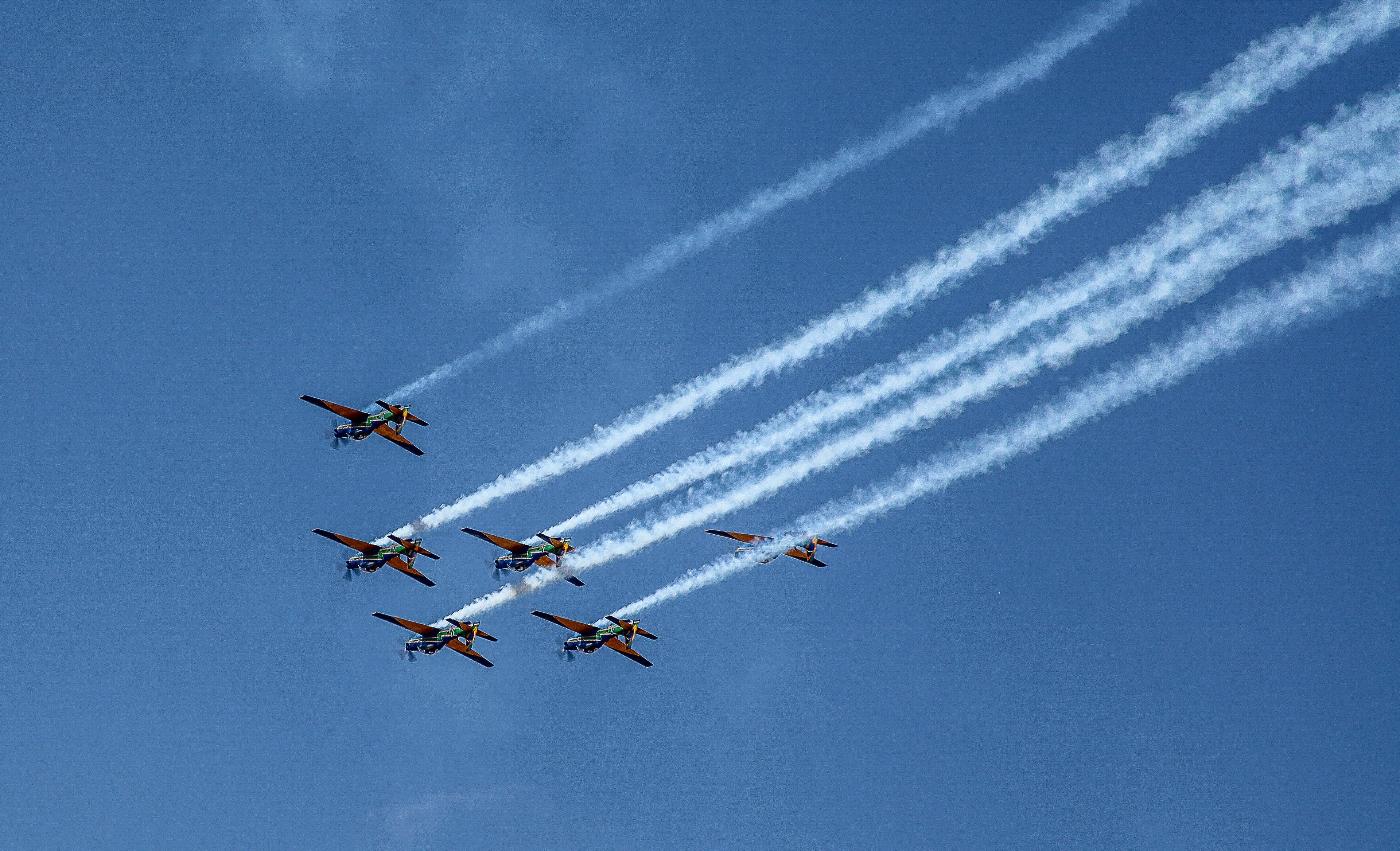 Brasilia, September 19, 2019: FAB, Brazilian Air Force, Smoke Squadron, in the sky of the Brazilian capital, a stunt show commemorating Brazil's Independence Day - September 7