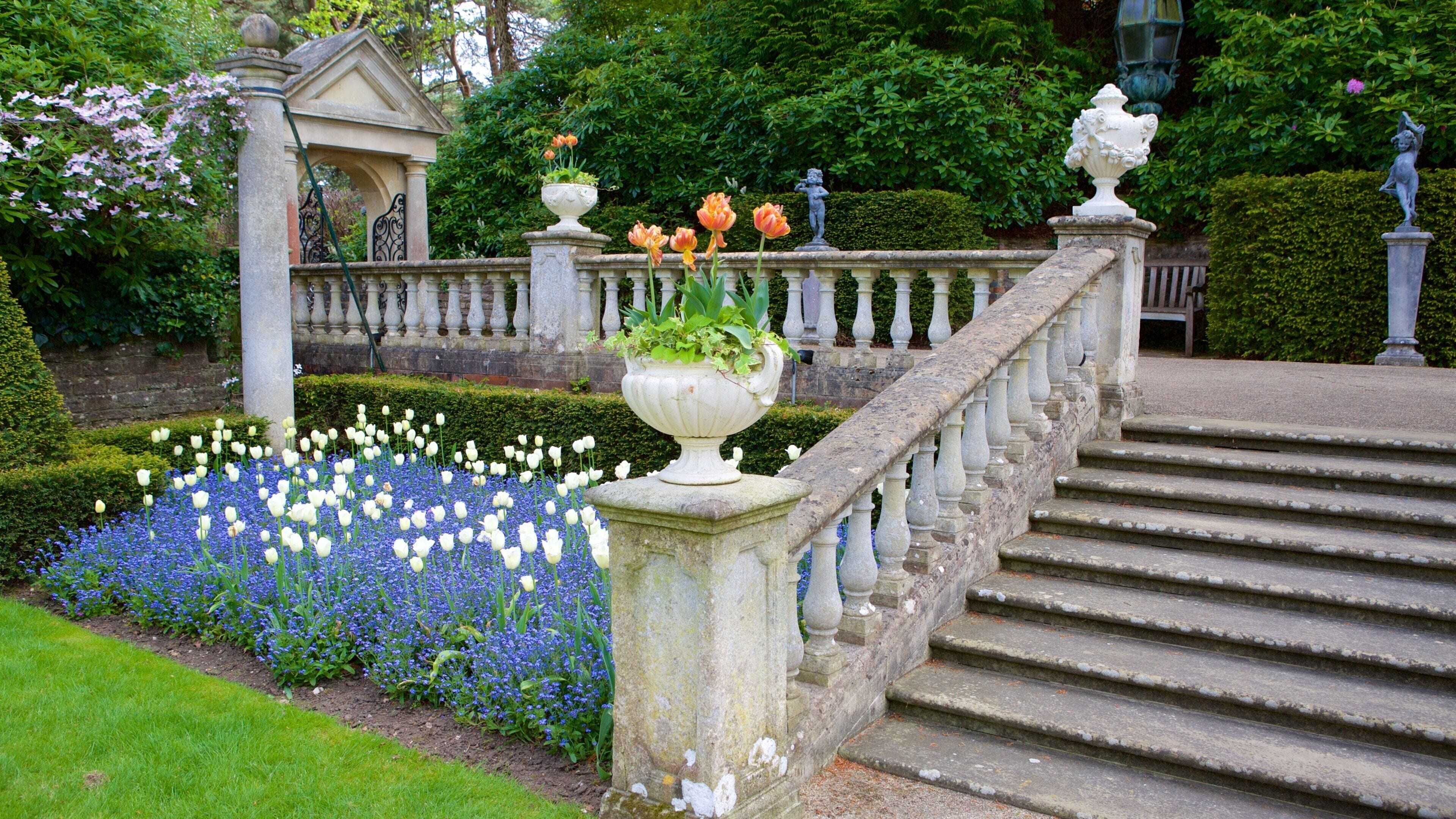 A garden with a stone staircase, white and blue flowers, and statues.
