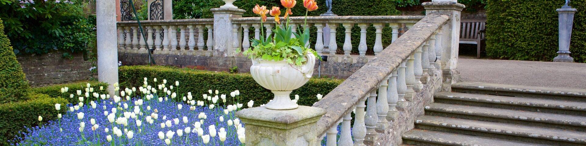 Un jardín con una escalera de piedra, flores blancas y azules, y estatuas.