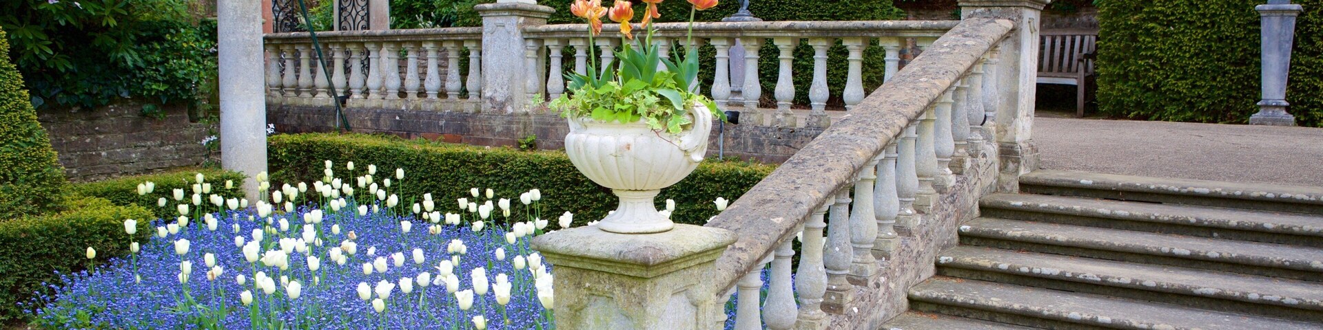 A garden with a stone staircase, white and blue flowers, and statues.