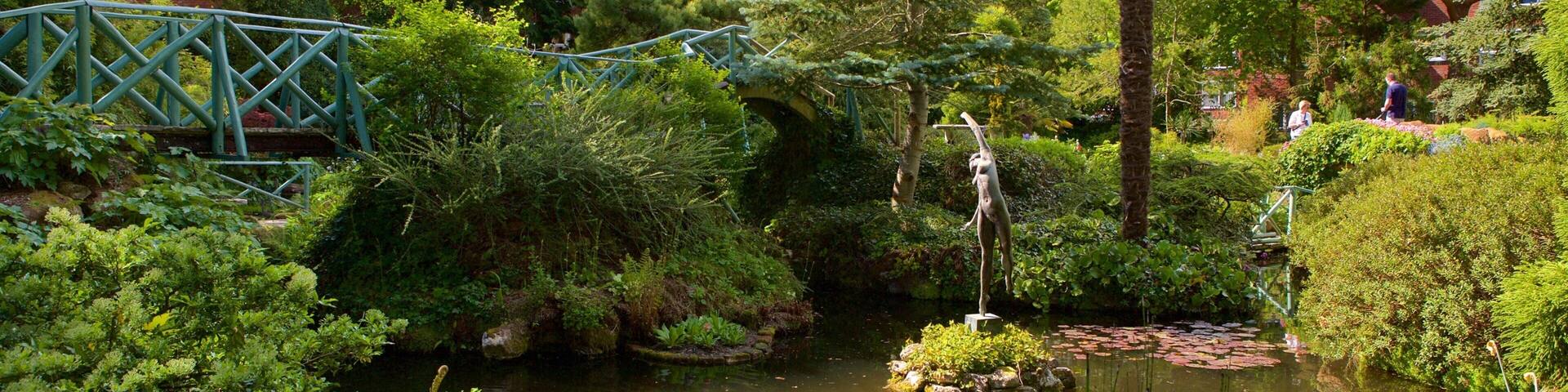 Compton Acres qui includes pont, scènes forestières et mare