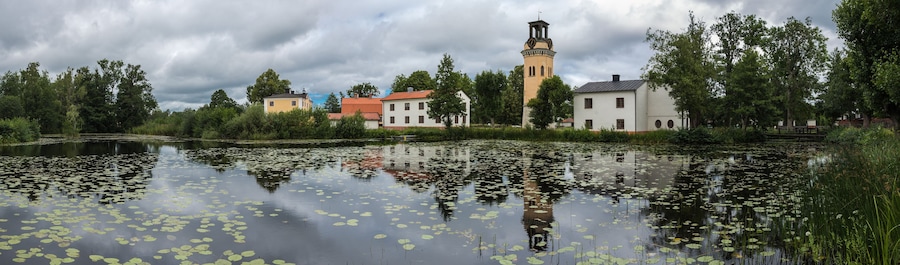 A serene lake with lily pads, surrounded by trees and buildings with a prominent tower.