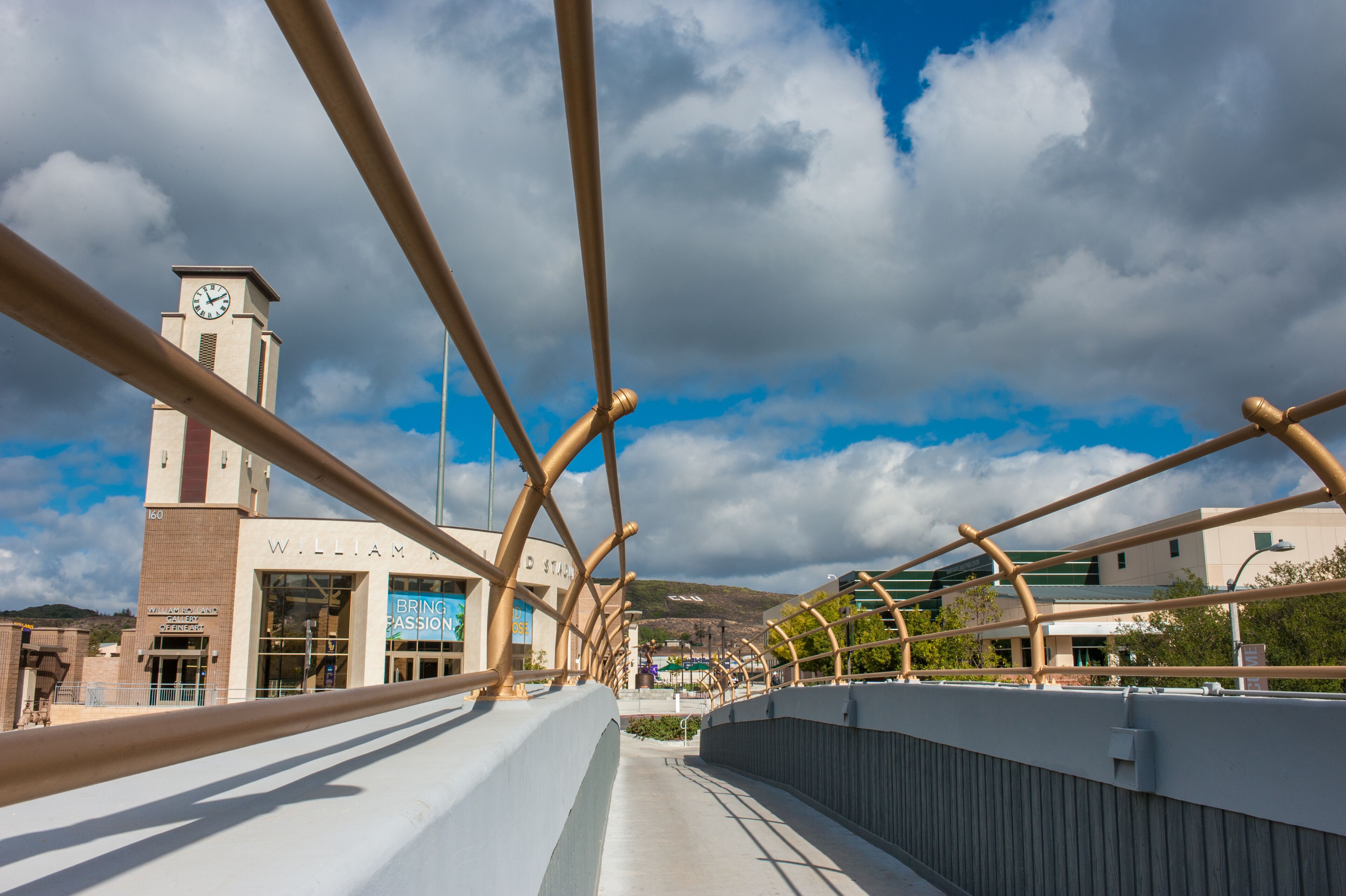 Editorial of cloudy sky over Cal Lutheran University pedestrian bridge on November 1, 2016. Thousand Oaks, California.