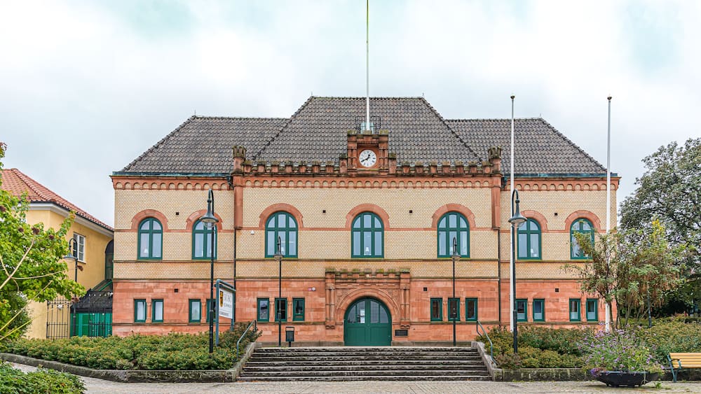 town hall and square in Sjobo, Skane