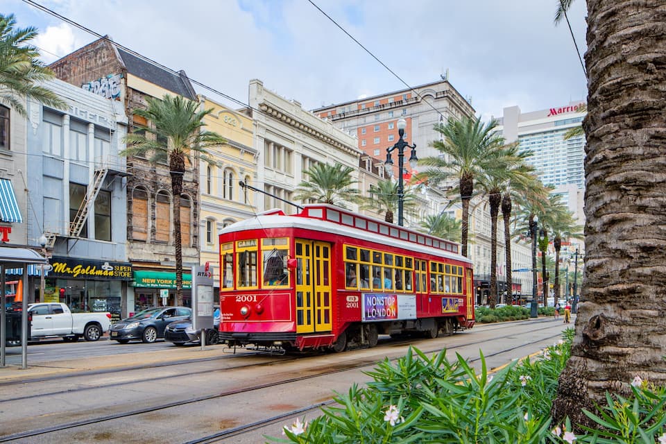 A red trolley on tracks, palm trees, and buildings with signs like "Mr. Goldman" and "New York".