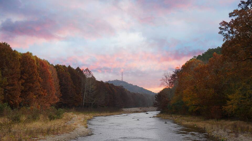 A river surrounded by autumn-colored trees and a cloudy sky.