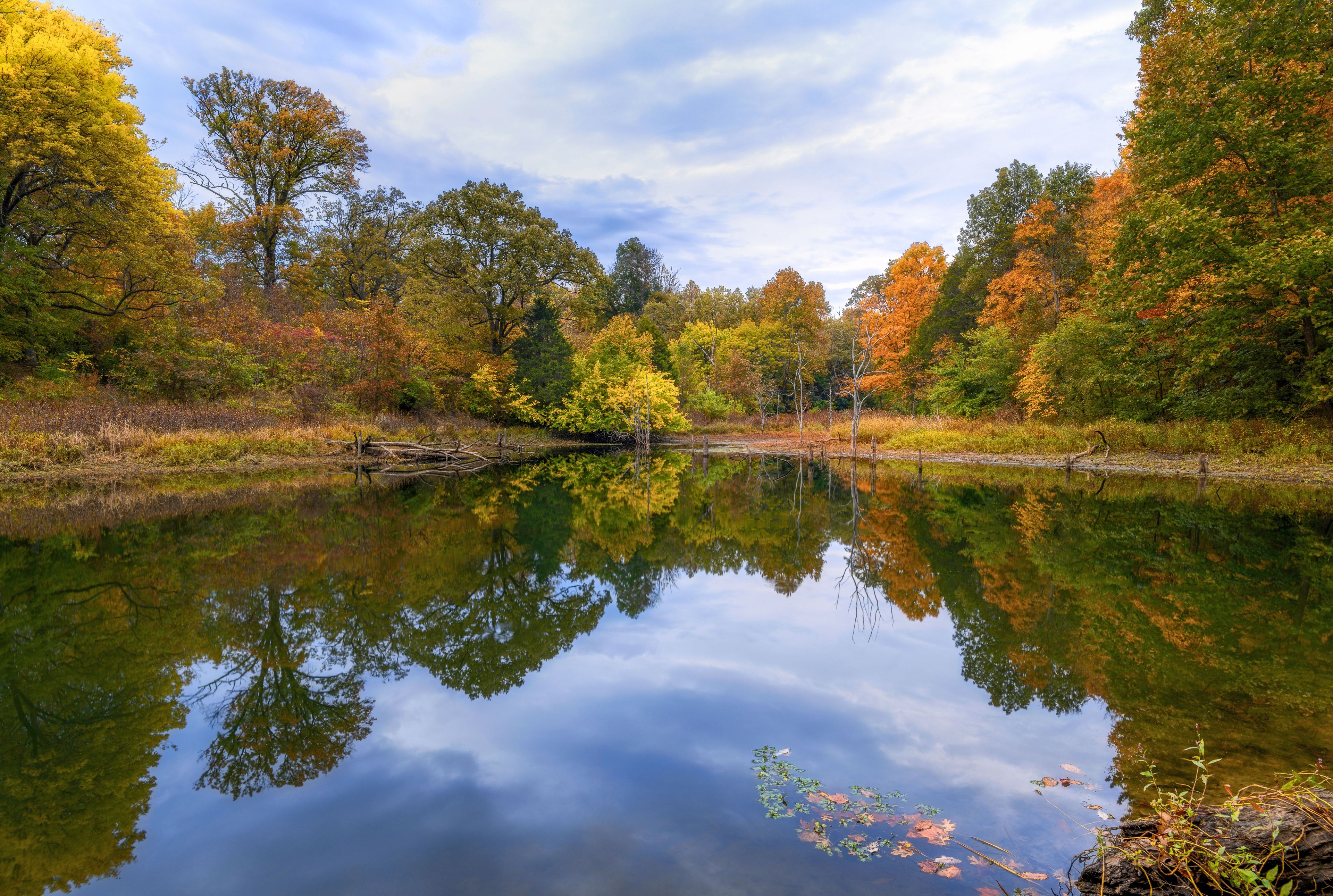 A calm lake surrounded by autumn-colored trees reflecting in the water.