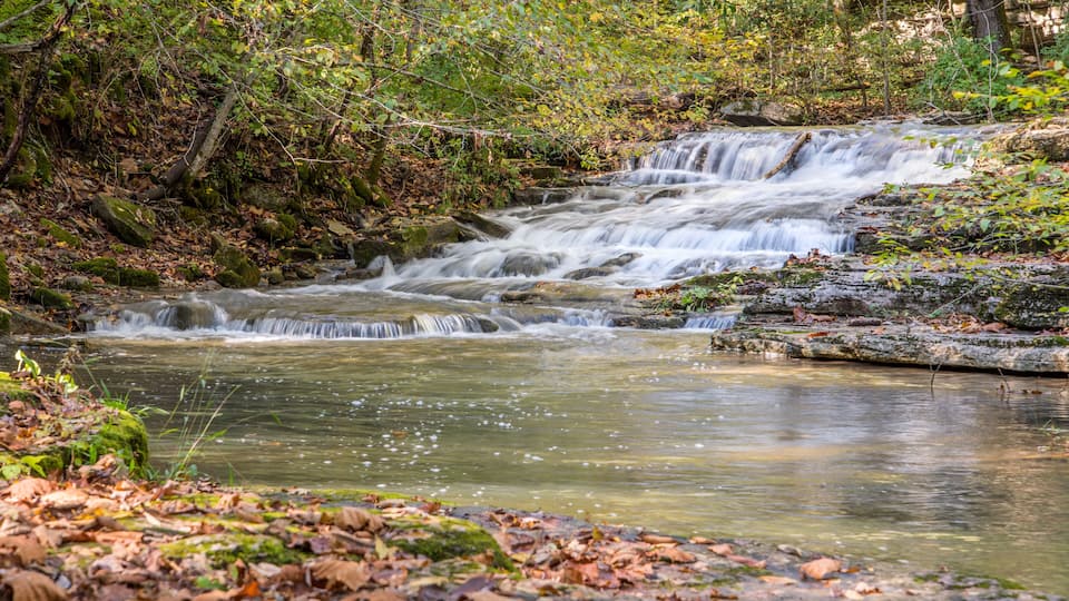 A multi-tiered waterfall in a forested area with rocky terrain and autumn leaves.