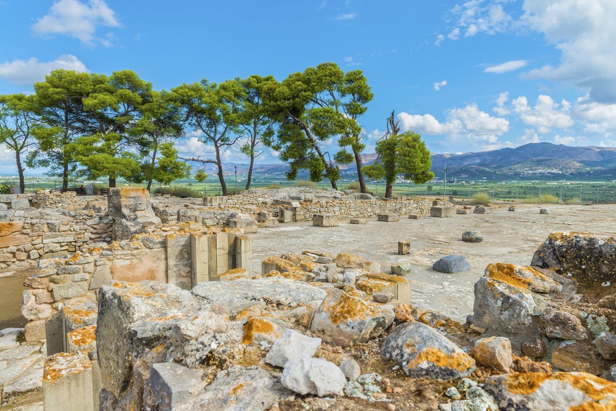 Ruins of central square of the ancient Minoan Palace of Phaistos ( Festos ). Located at plateau Messara.Beautiful natural and architectural landscape. District of Heraklion.Crete island.Greece.Europe.