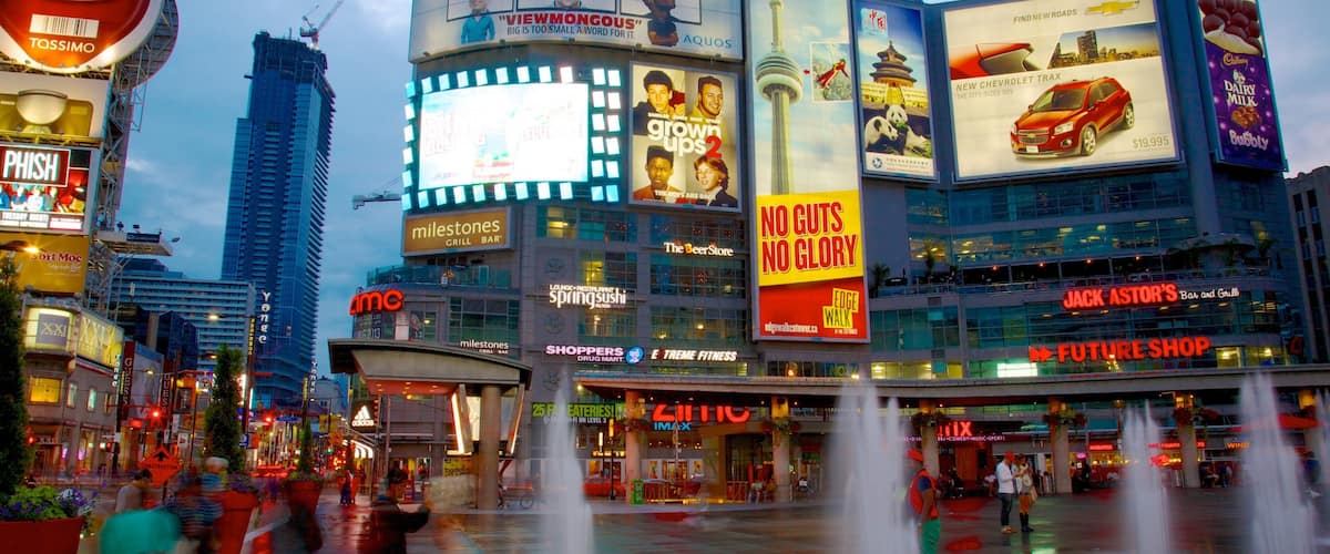 Quartier commerçant de Yonge Street qui includes square ou place, scènes de nuit et scènes de rue