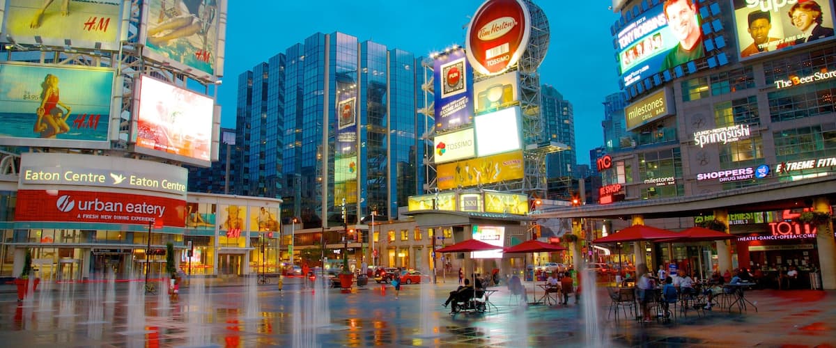 Downtown Yonge showing modern architecture, city views and signage