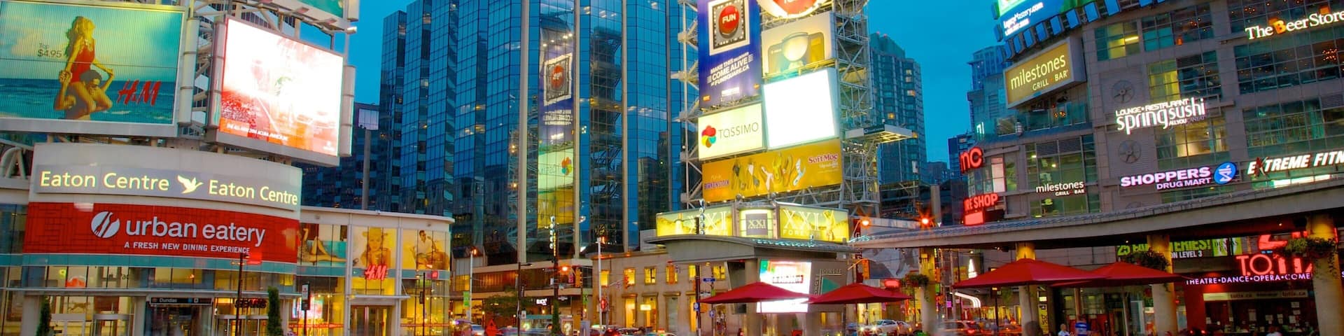 Downtown Yonge showing modern architecture, city views and signage