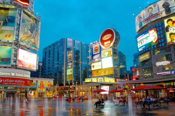 Downtown Yonge showing modern architecture, city views and signage