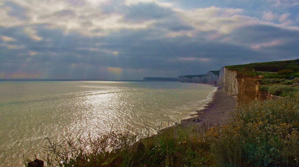 Wonderful view of the Seven Sisters white chalk cliffs stretching in a curve towards sunset. National Trust cafe and car park, plus secure metal caged staircase allowing safe child. and dog beach access . #perspective