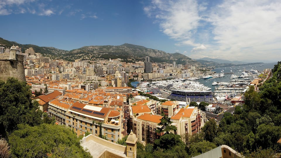 View over Monaco harbor during formula 1 weekend.
