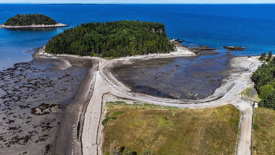 An aerial view of a coastal area with a forested island, a sandy beach, and a clear blue sea.