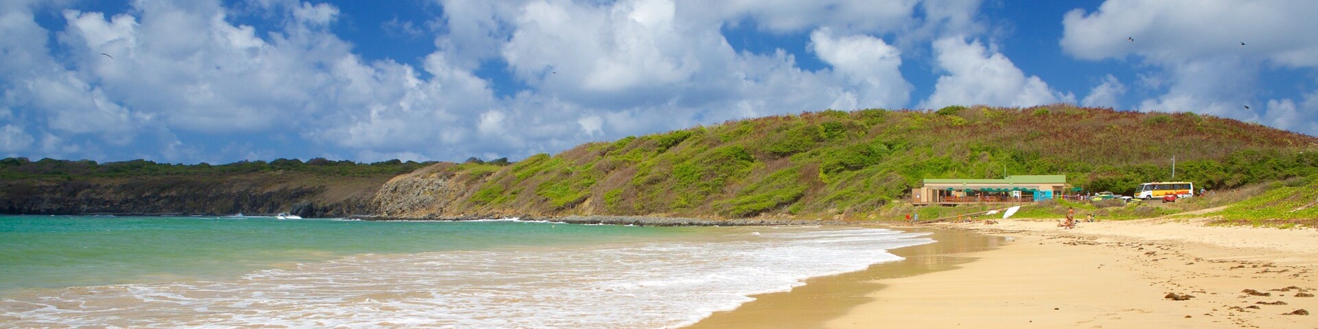 Una playa con agua turquesa cristalina, una orilla de arena y una colina con vegetación al fondo.