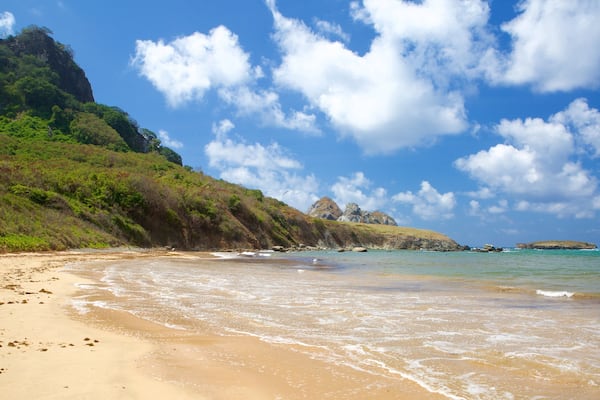 Praia do Sueste welches beinhaltet allgemeine Küstenansicht, Sandstrand und Berge
