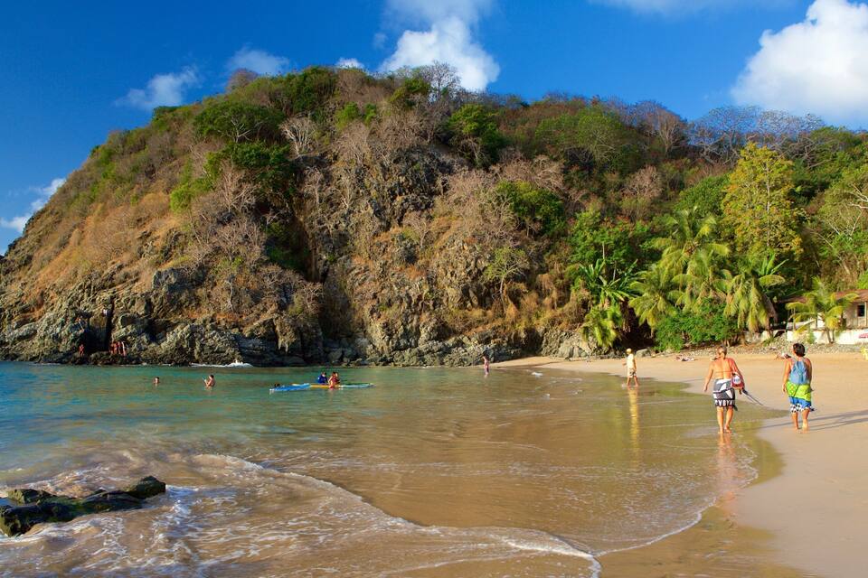 A beach with clear turquoise water, a rocky cliff, and palm trees.