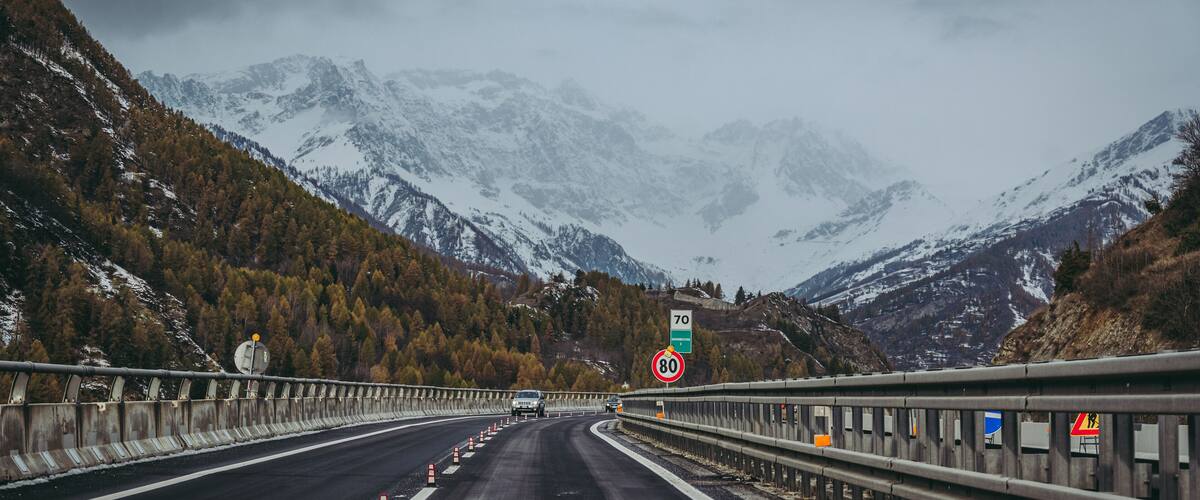 BARDONECCHIA, ITALY / NOVEMBER 2019: View of the Alps along the road to the Frejus tunnel