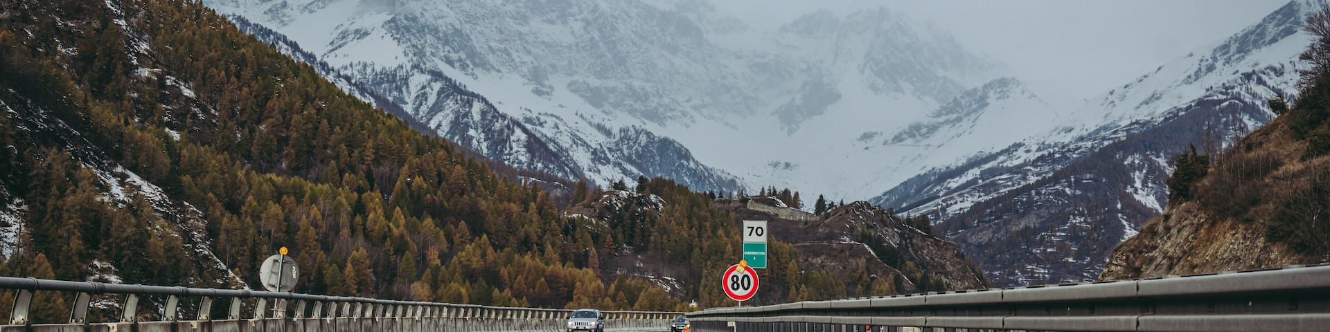 BARDONECCHIA, ITALY / NOVEMBER 2019: View of the Alps along the road to the Frejus tunnel