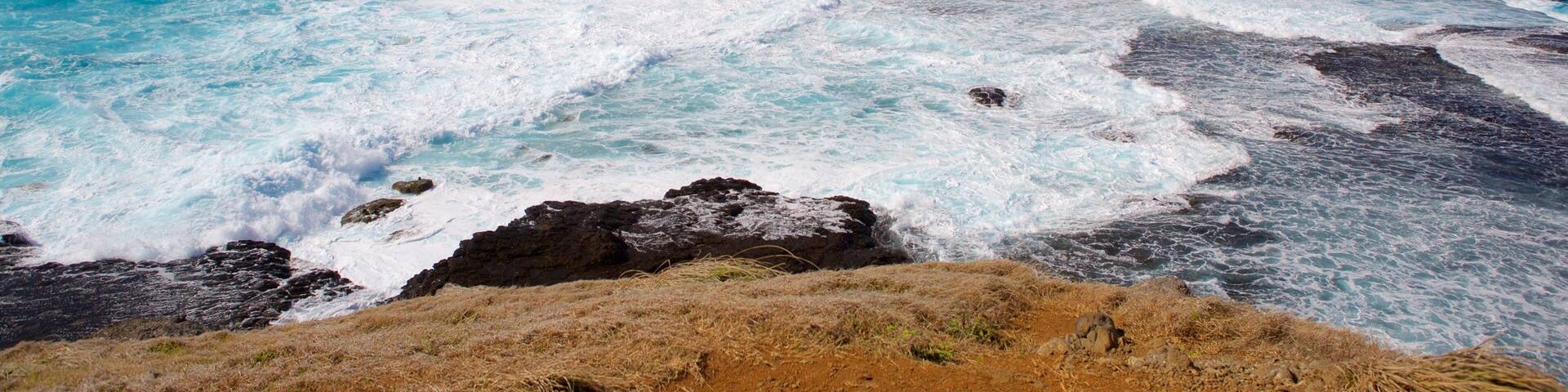 A coastal landscape with waves crashing against rocks and a clear blue sky.