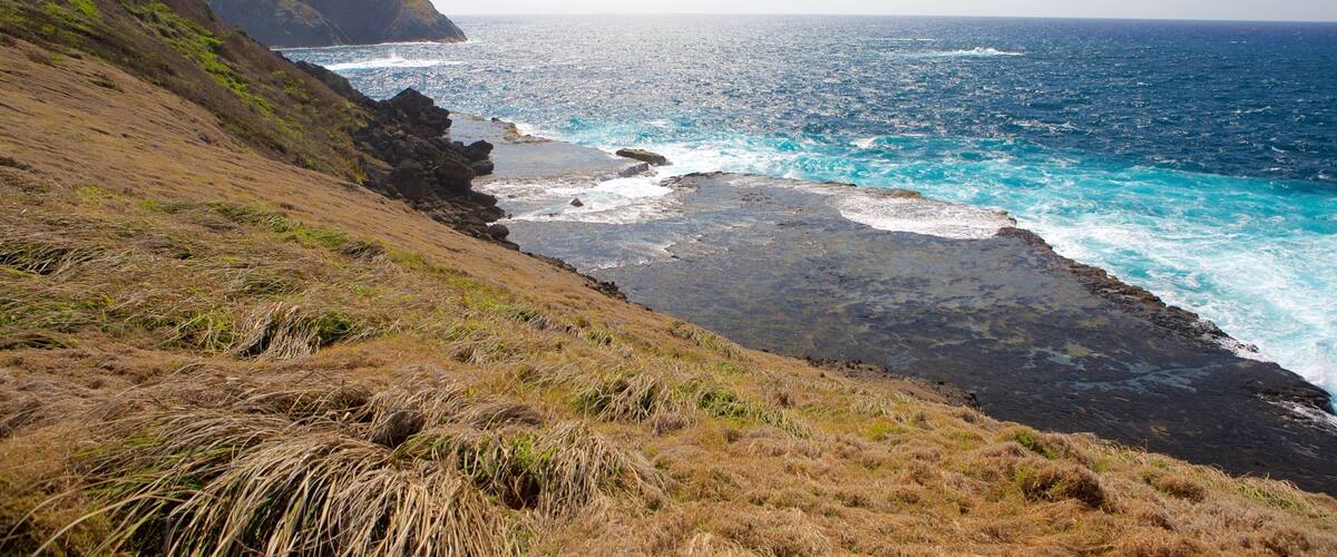 카라카스 포인트 을 보여주는 산, 암석 해안선 과 일반 해안 전경