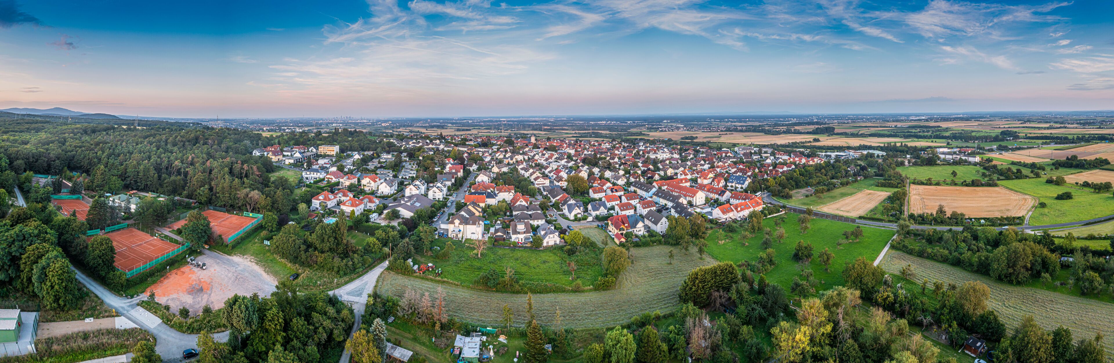 A town with red-roofed houses, green fields, and a distant city skyline.