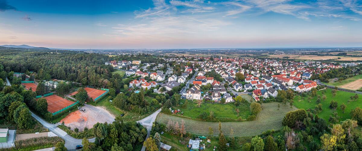 A town with red-roofed houses, green fields, and a distant city skyline.