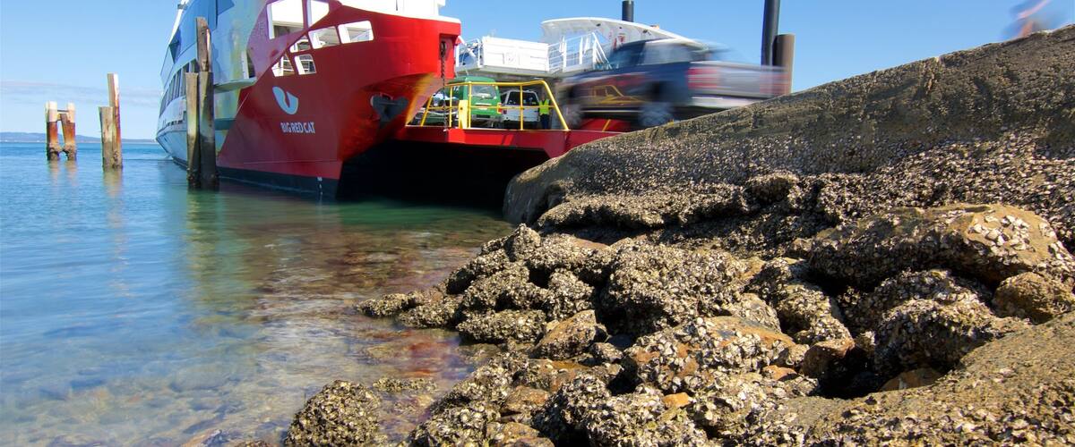 A red ferry docked at a rocky pier with clear water.