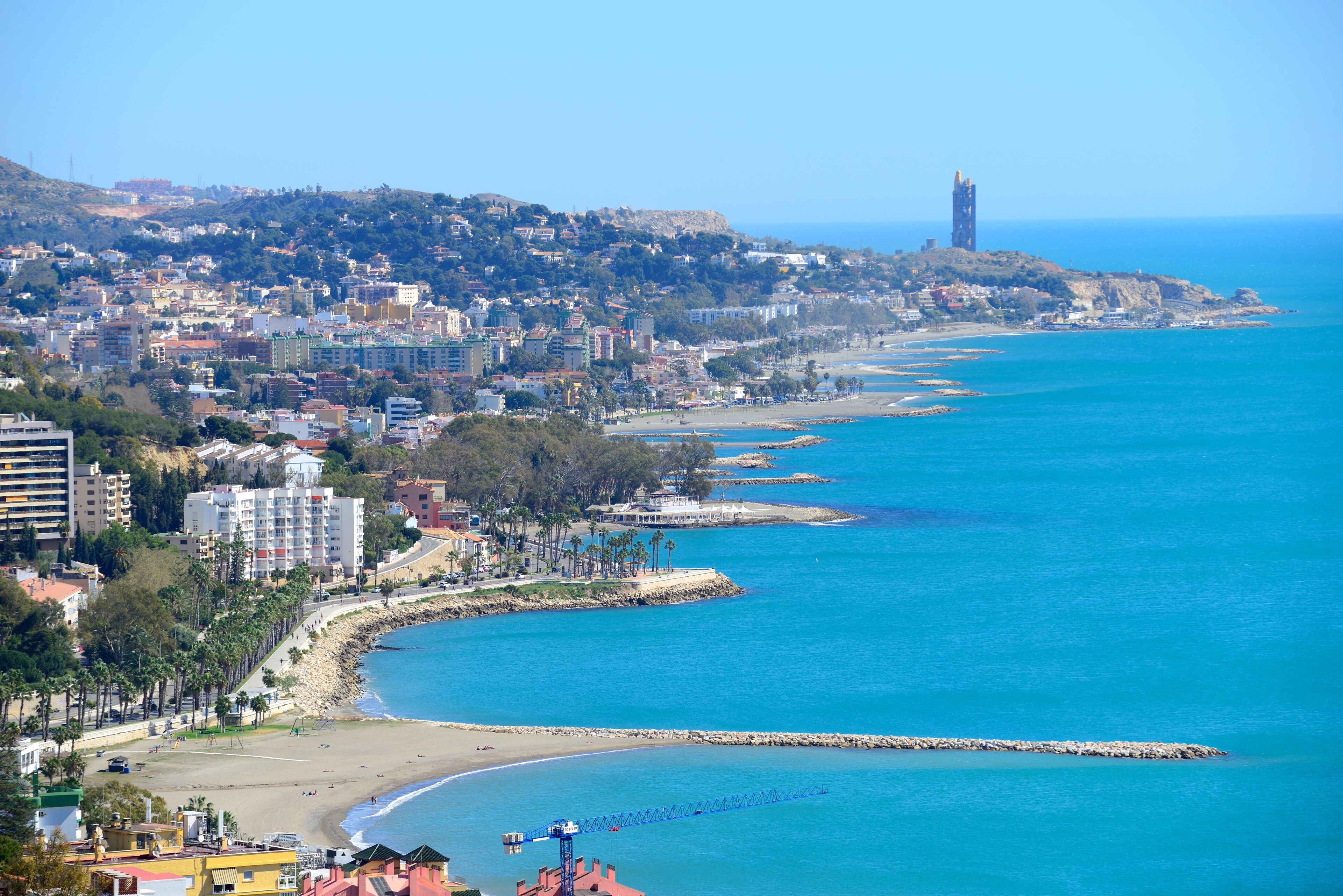 Malaga, Spain - March 4, 2020: Views of the city of Malaga with the Beaches of Pedregalejo and Acacias.