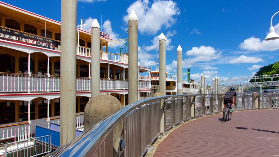 Eagle Street Pier featuring cycling as well as an individual male