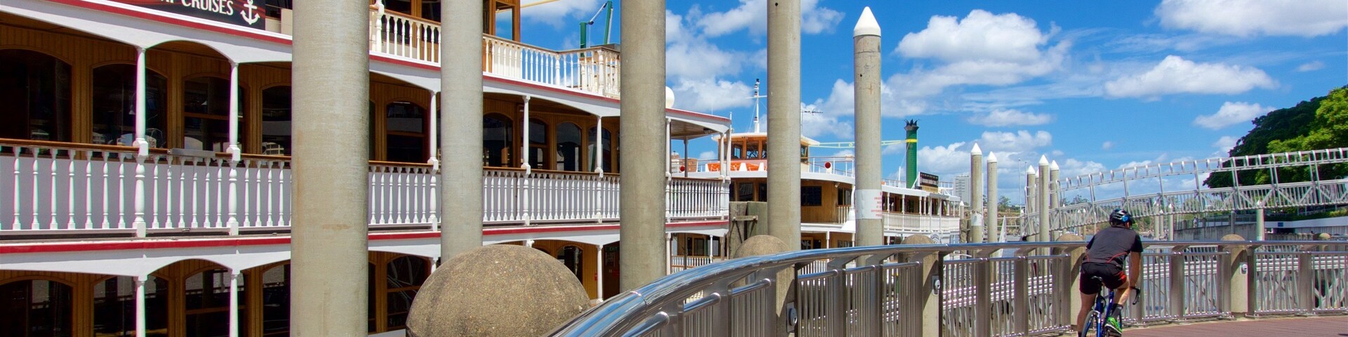 Eagle Street Pier showing cycling as well as an individual male