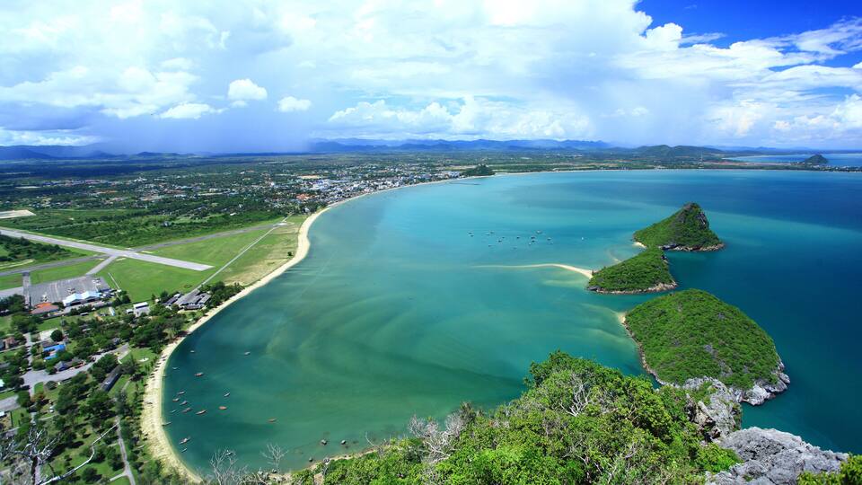Aerial view of Prachuap Khiri Khan Bay View from Khao Lom Muak, Ao Manao, Prachuap Khiri Khan Province, Thailand