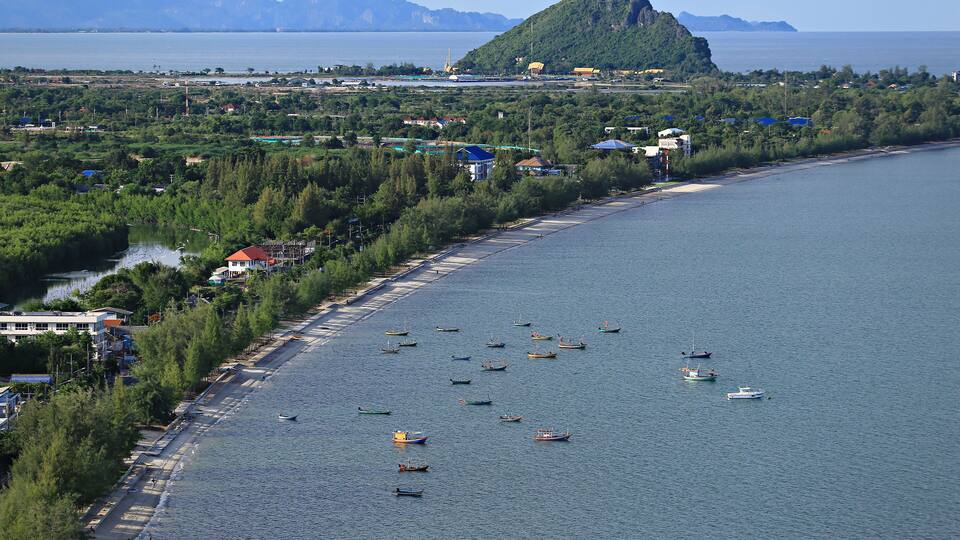 Aerial view of Prachuap Khiri Khan Bay View from Khao Lom Muak, Ao Manao, Prachuap Khiri Khan Province, Thailand