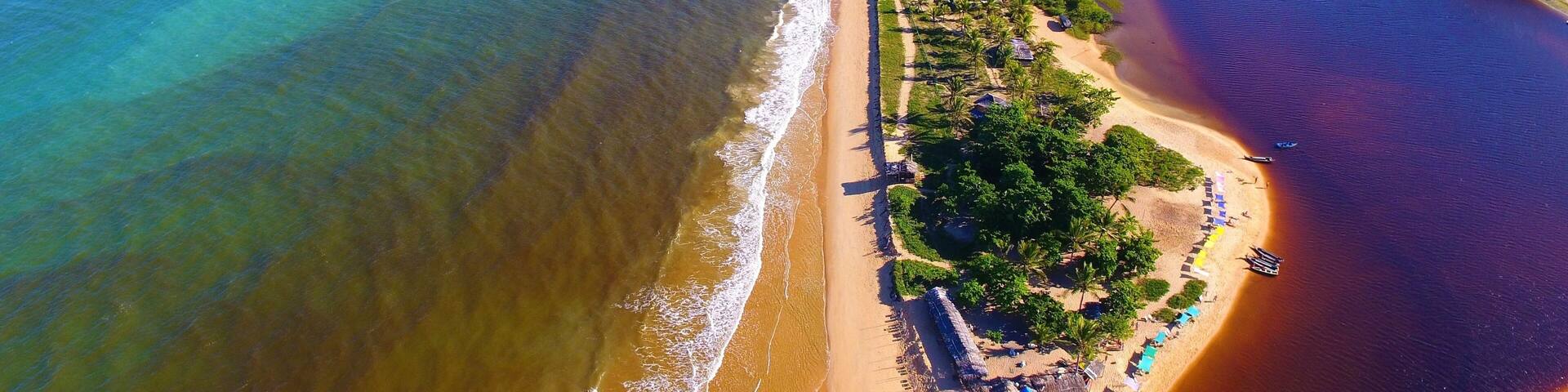 Caraíva, Bahia, Brazil: Aerial view of a beautiful beach with two colors of water. Fantastic landscape. Great beach view