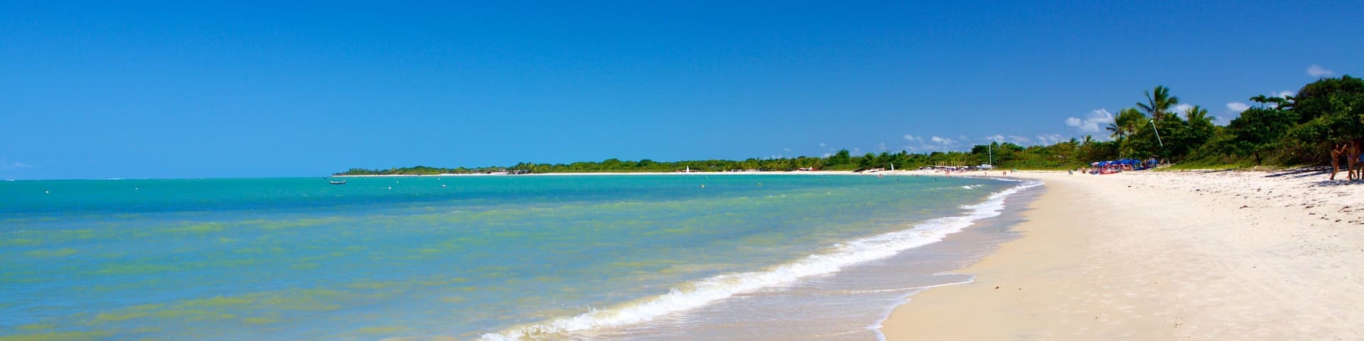 A beach with clear turquoise water, a sandy shore, and a distant island with vegetation.