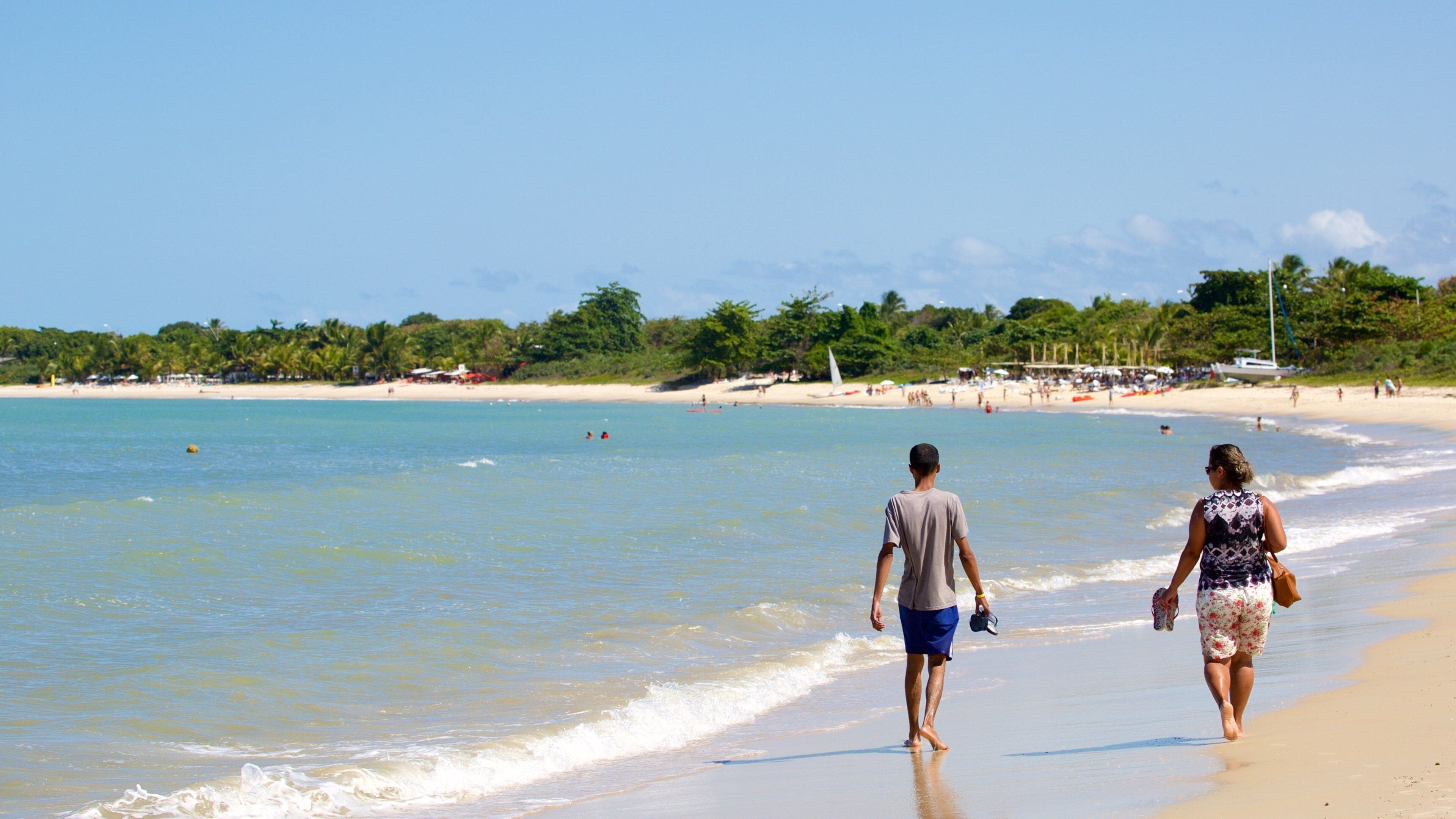 A beach with clear turquoise water, sandy shore, and palm trees.